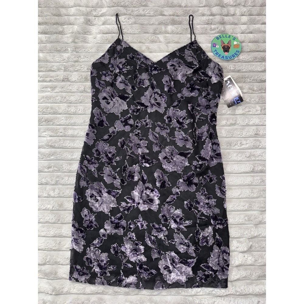 Oleg Cassini Beaded Mini Dress 10 Petite 90s Y2K‎ Velvet Floral Purple Black NWT